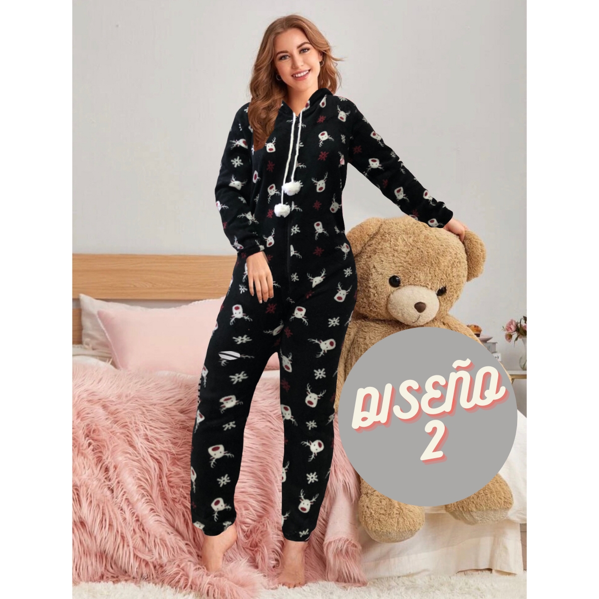 Pijama Mameluco Kigurumi Cálido Con Diseño Invernal Y Tela Polar