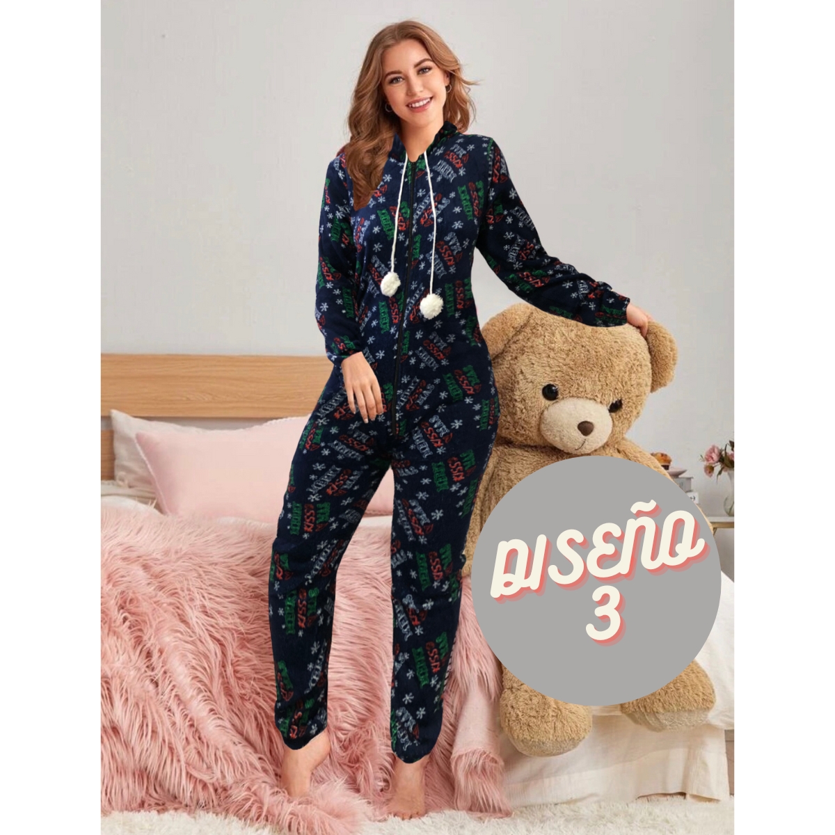 Pijama Mameluco Kigurumi Cálido Con Diseño Invernal Y Tela Polar