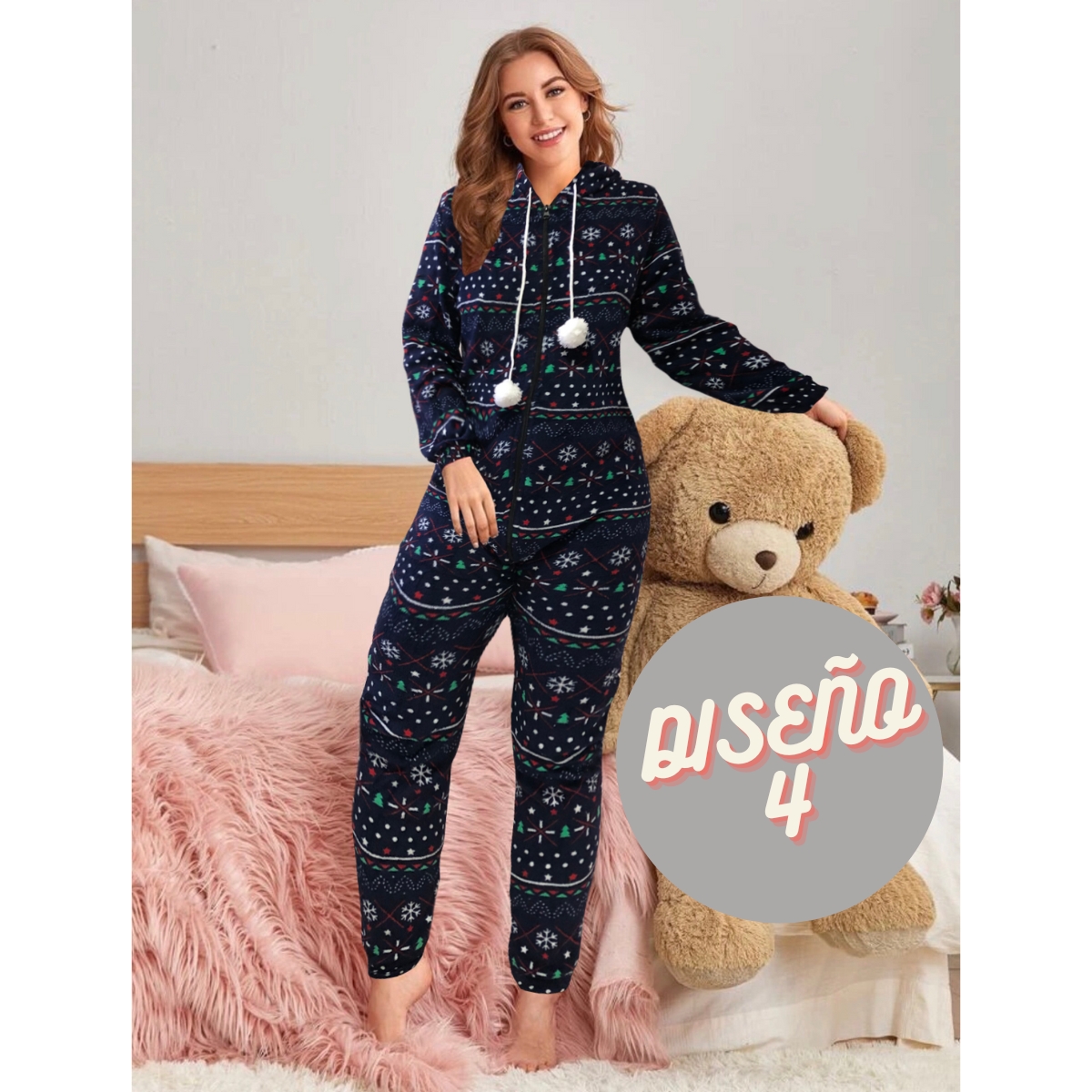 Pijama Mameluco Kigurumi Cálido Con Diseño Invernal Y Tela Polar