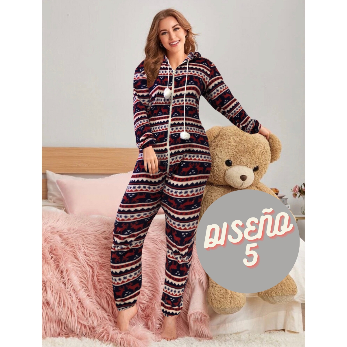 Pijama Mameluco Kigurumi Cálido Con Diseño Invernal Y Tela Polar