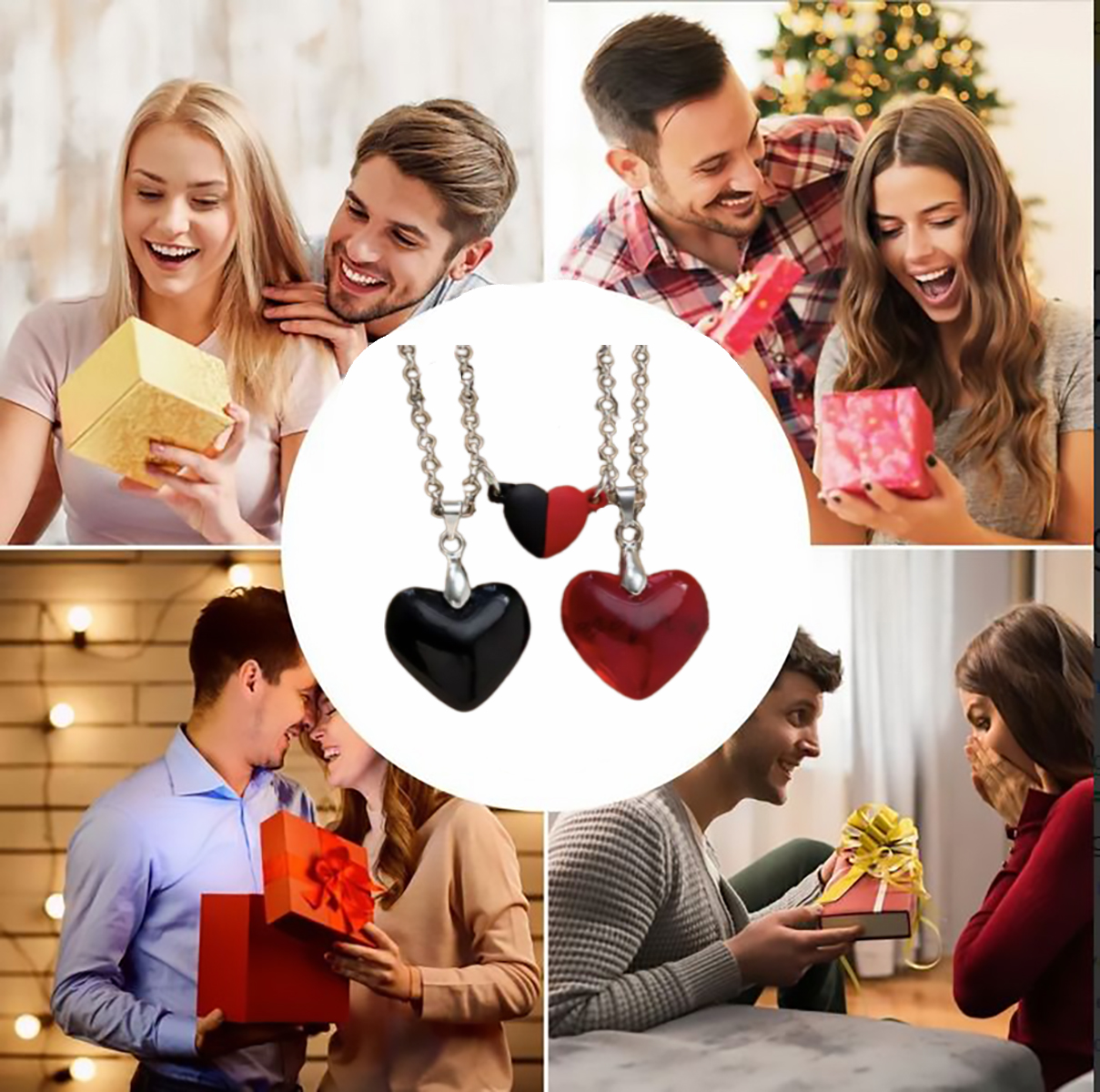 Collares para Parejas con Colgante de Corazon, Collar con iman Collar Magnetico Amor y Amistad - Blanco/Negro