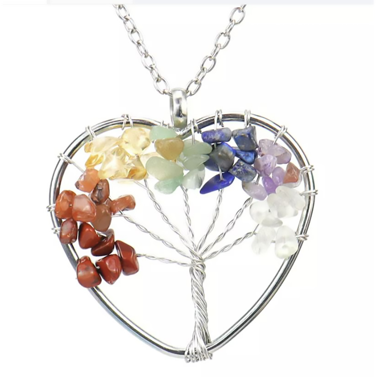 Collar Corazon Arbol de la Vida de Cuarzo Natural 7 Chakras, Collar de Cristal Curativo. Regalo para Mujer, Novia, Amiga