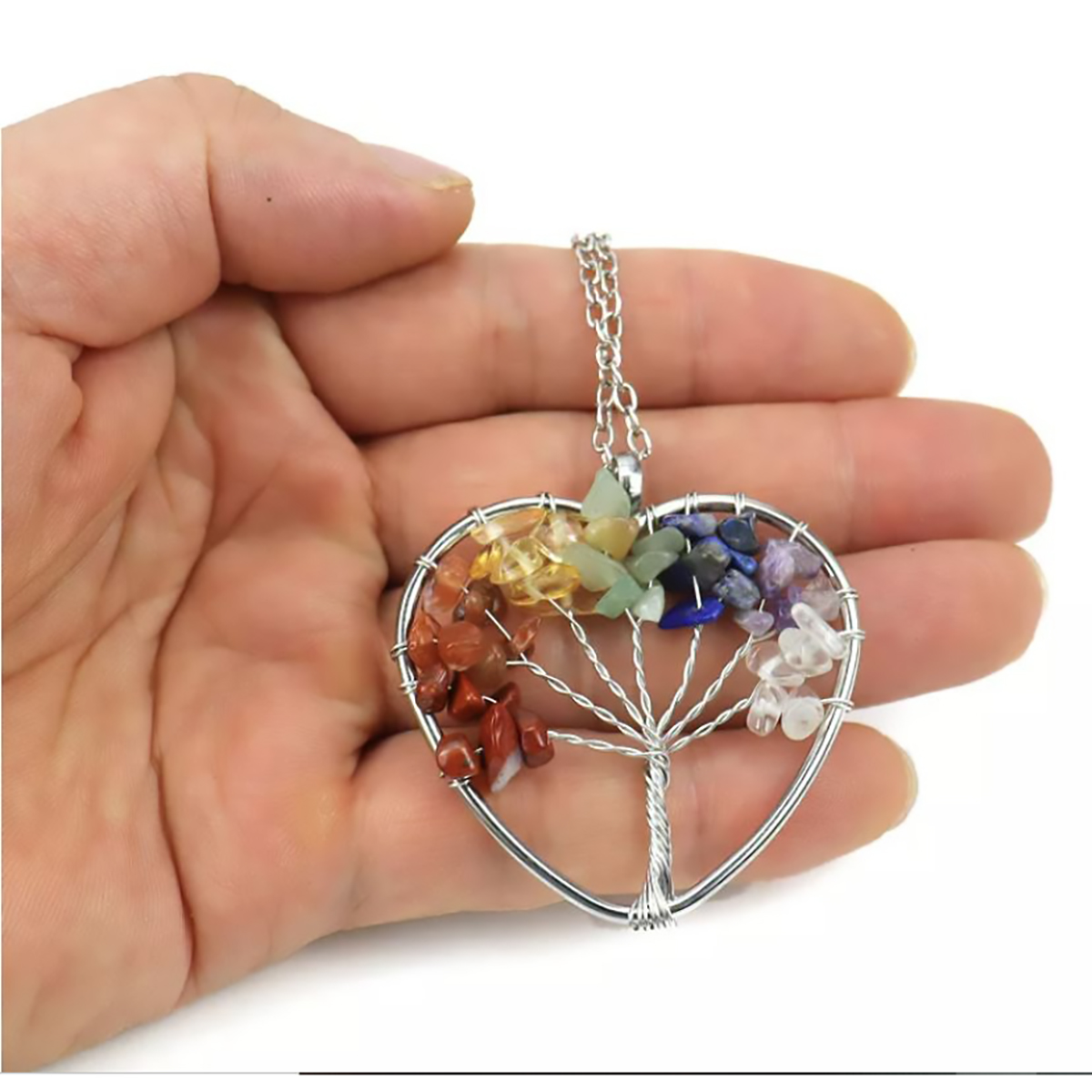 Collar Corazon Arbol de la Vida de Cuarzo Natural 7 Chakras, Collar de Cristal Curativo. Regalo para Mujer, Novia, Amiga