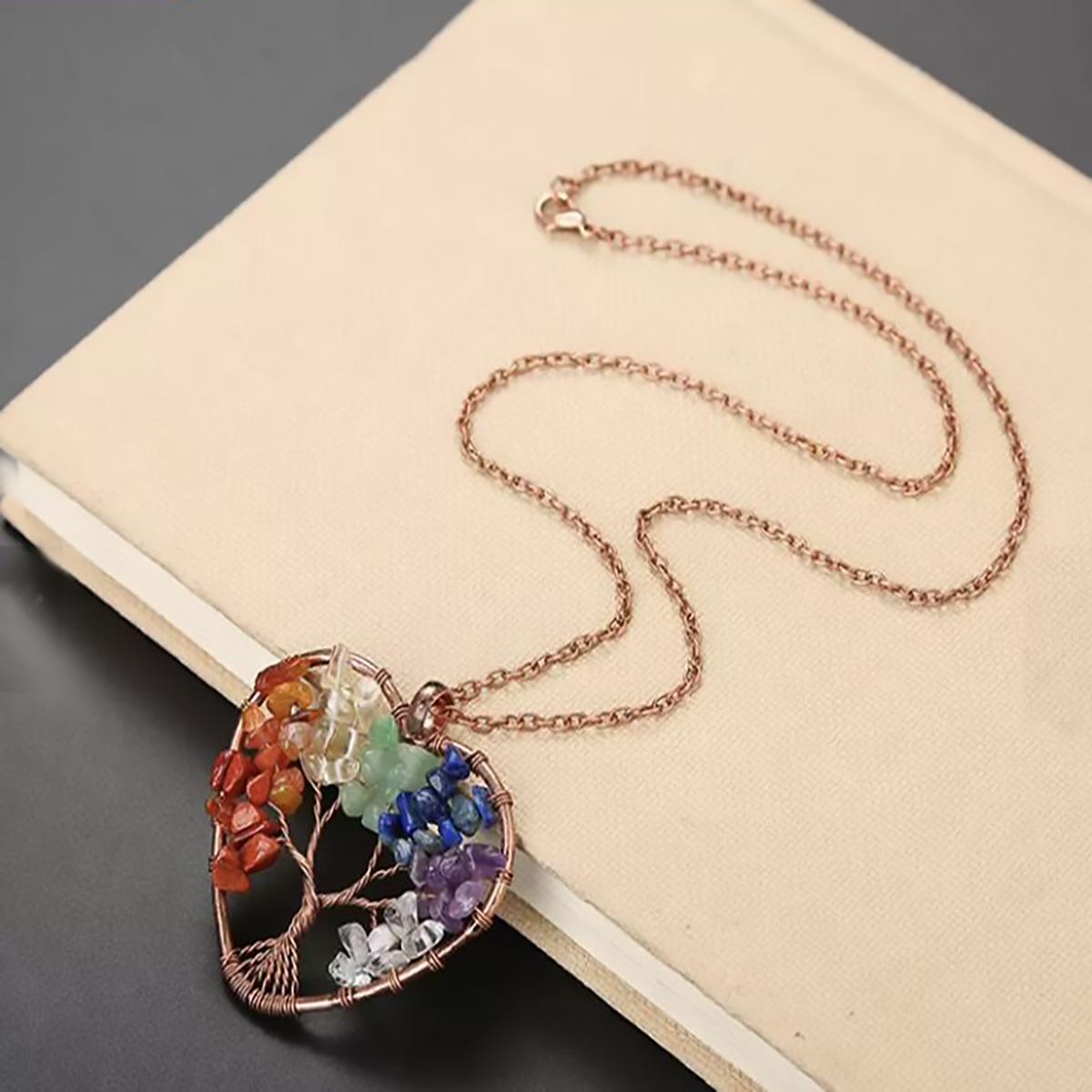 Collar Corazon Arbol de la Vida de Cuarzo Natural 7 Chakras, Collar de Cristal Curativo. Regalo para Mujer, Novia, Amiga