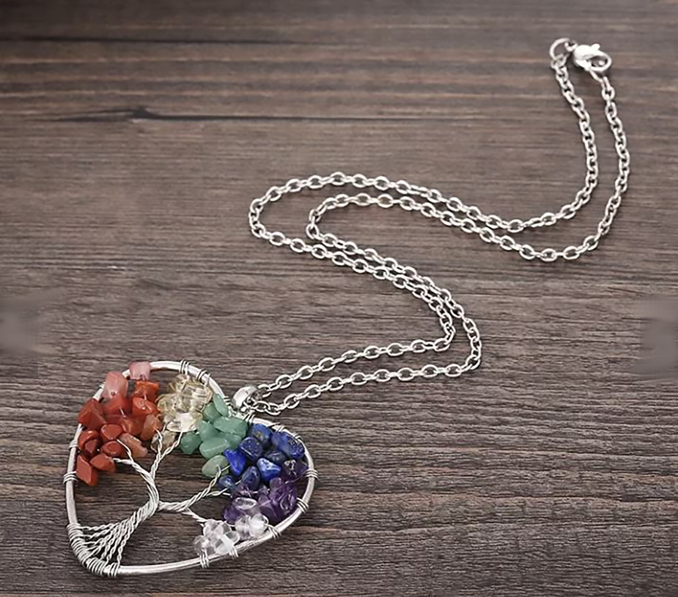 Collar Corazon Arbol de la Vida de Cuarzo Natural 7 Chakras, Collar de Cristal Curativo. Regalo para Mujer, Novia, Amiga