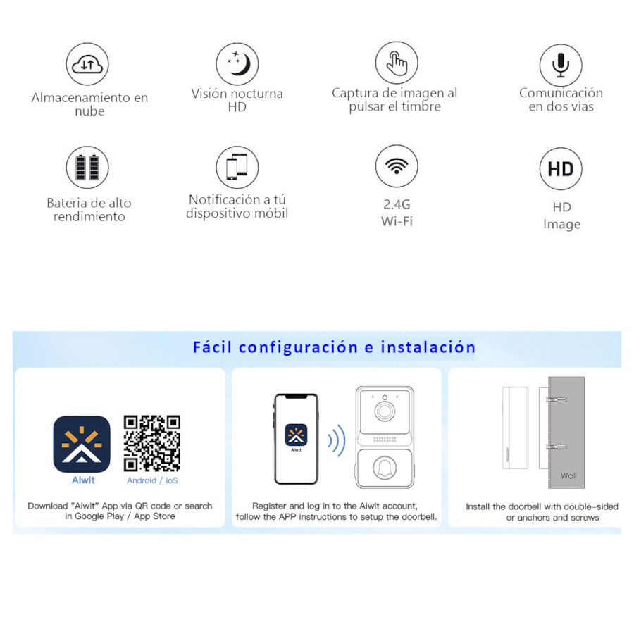 Mini Timbre inalámbrico Wifi inteligente con cámara, visión nocturna con intercomunicador, recargable, 2.4G