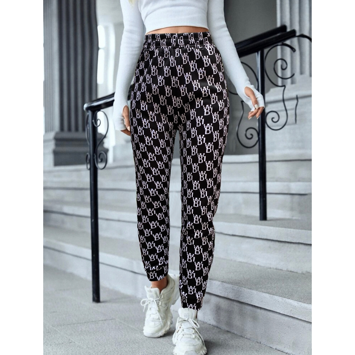 Pants Mujer Jogger Afelpado Tela Gruesa A Cuadros Moderno