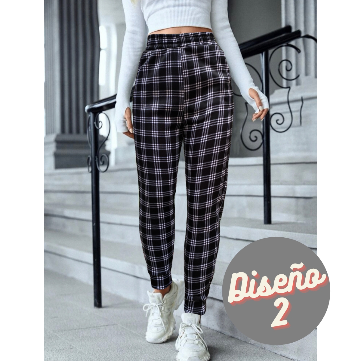 Pants Mujer Jogger Afelpado Tela Gruesa A Cuadros Moderno