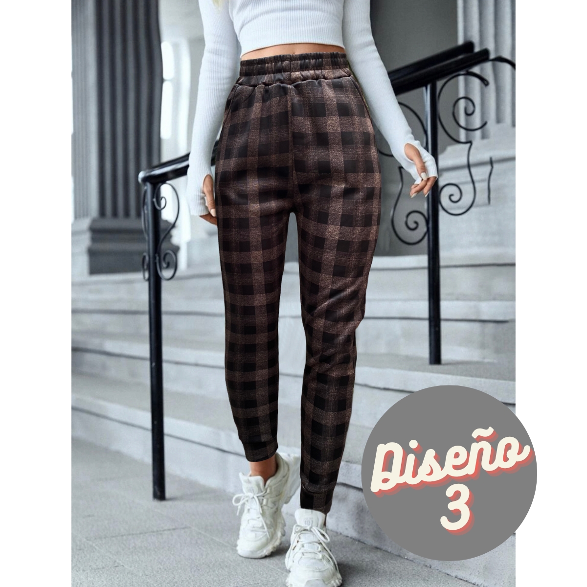 Pants Mujer Jogger Afelpado Tela Gruesa A Cuadros Moderno