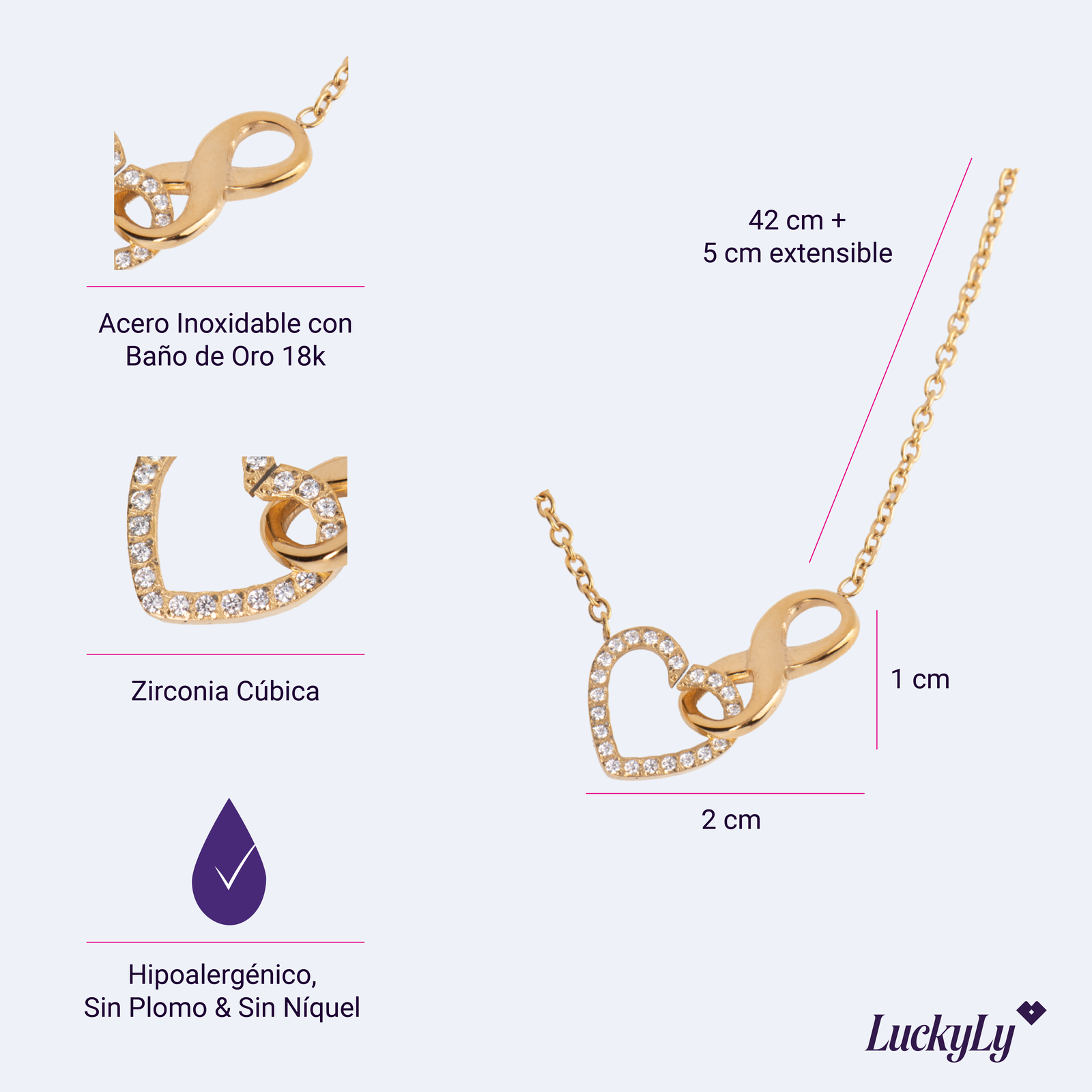 LuckyLy Collar para Mujer con Dije de Corazón e Infinito con Zirconia Cúbica , Cadena de Acero Inoxidable Mujer con Baño de Oro 18k - Modelo Nia