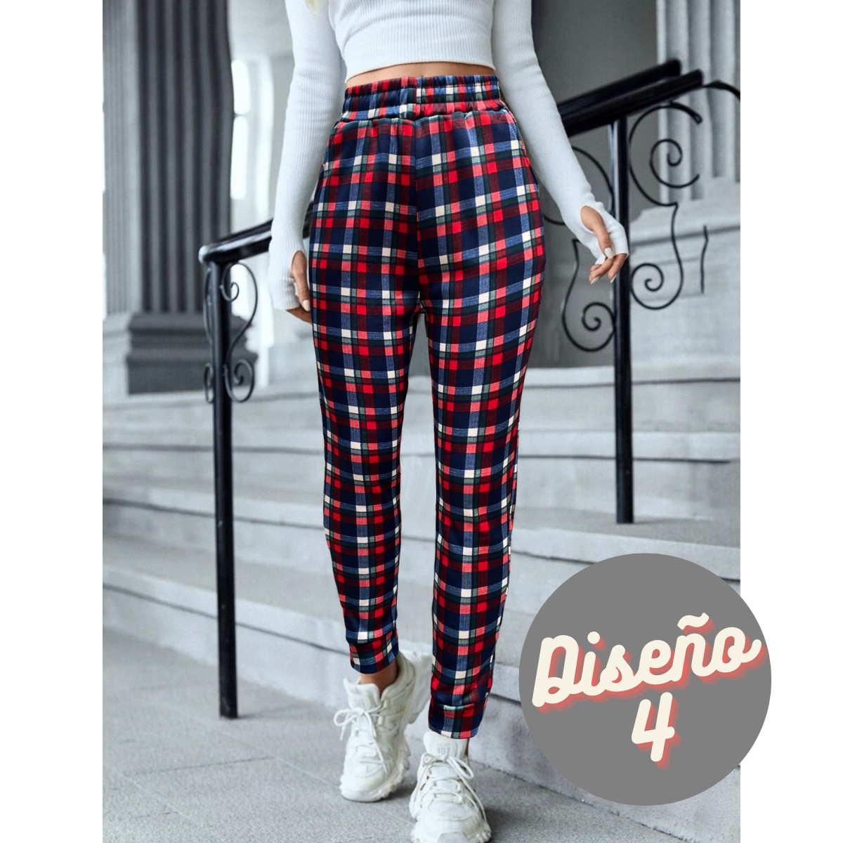 Pants Mujer Jogger Afelpado Tela Gruesa A Cuadros Moderno