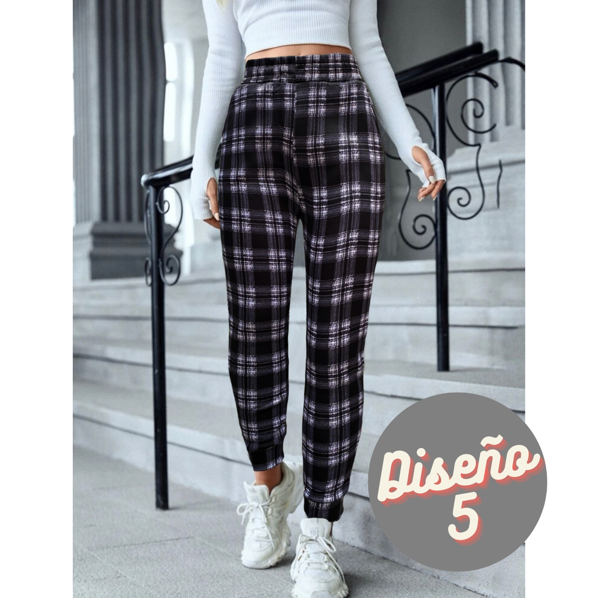 Pants Mujer Jogger Afelpado Tela Gruesa A Cuadros Moderno