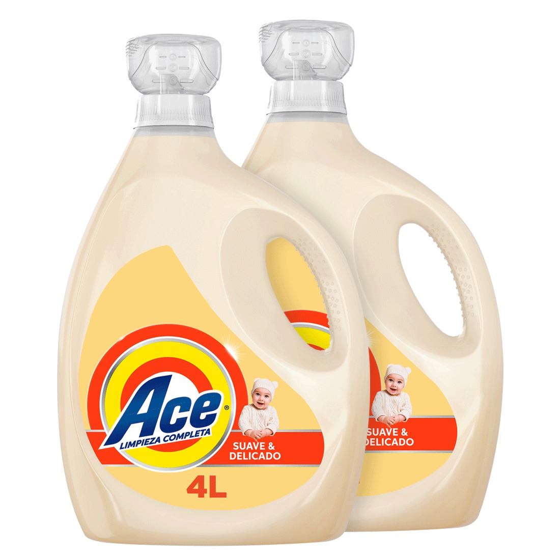 Pack de 2 pzs de Ace Limpieza Completa Suave y Delicado Detergente Líquido Concentrado para Lavar Ropa Blanca y de Color 4L