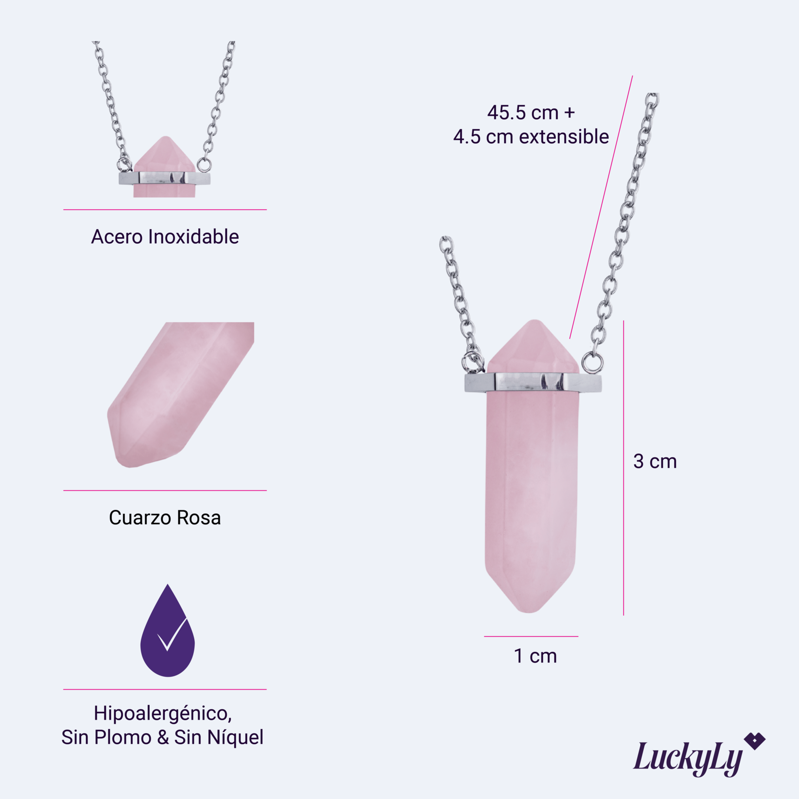 LuckyLy Collar para Mujer de Cuarzo Rosa , Cadena de Acero Inoxidable con Dije de Piedra Natural - Modelo Orly