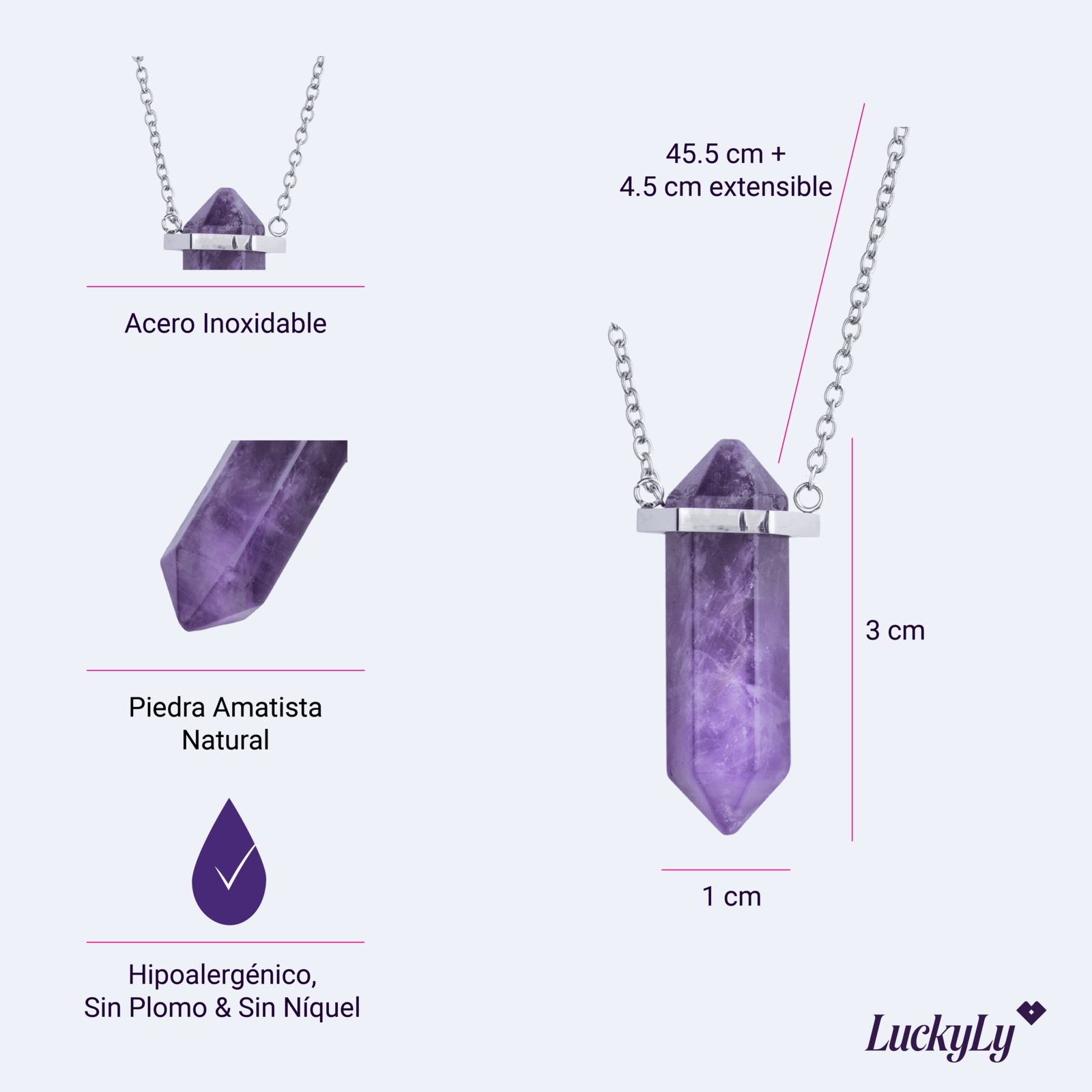 LuckyLy Collar para Mujer de Cuarzo Amatista , Cadena de Acero Inoxidable con Dije de Piedra Natural - Modelo Orly