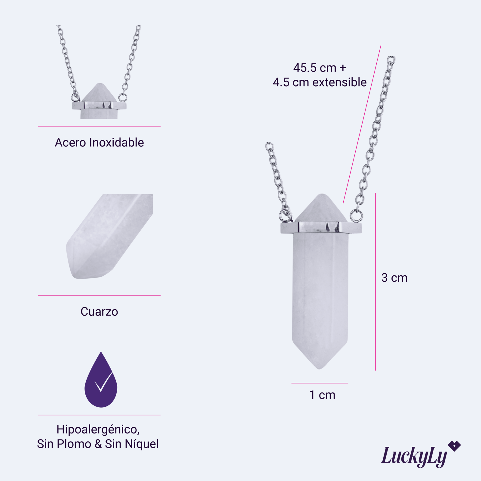 LuckyLy Collar para Mujer de Cuarzo Blanco , Cadena de Acero Inoxidable con Dije de Piedra Natural - Modelo Orly