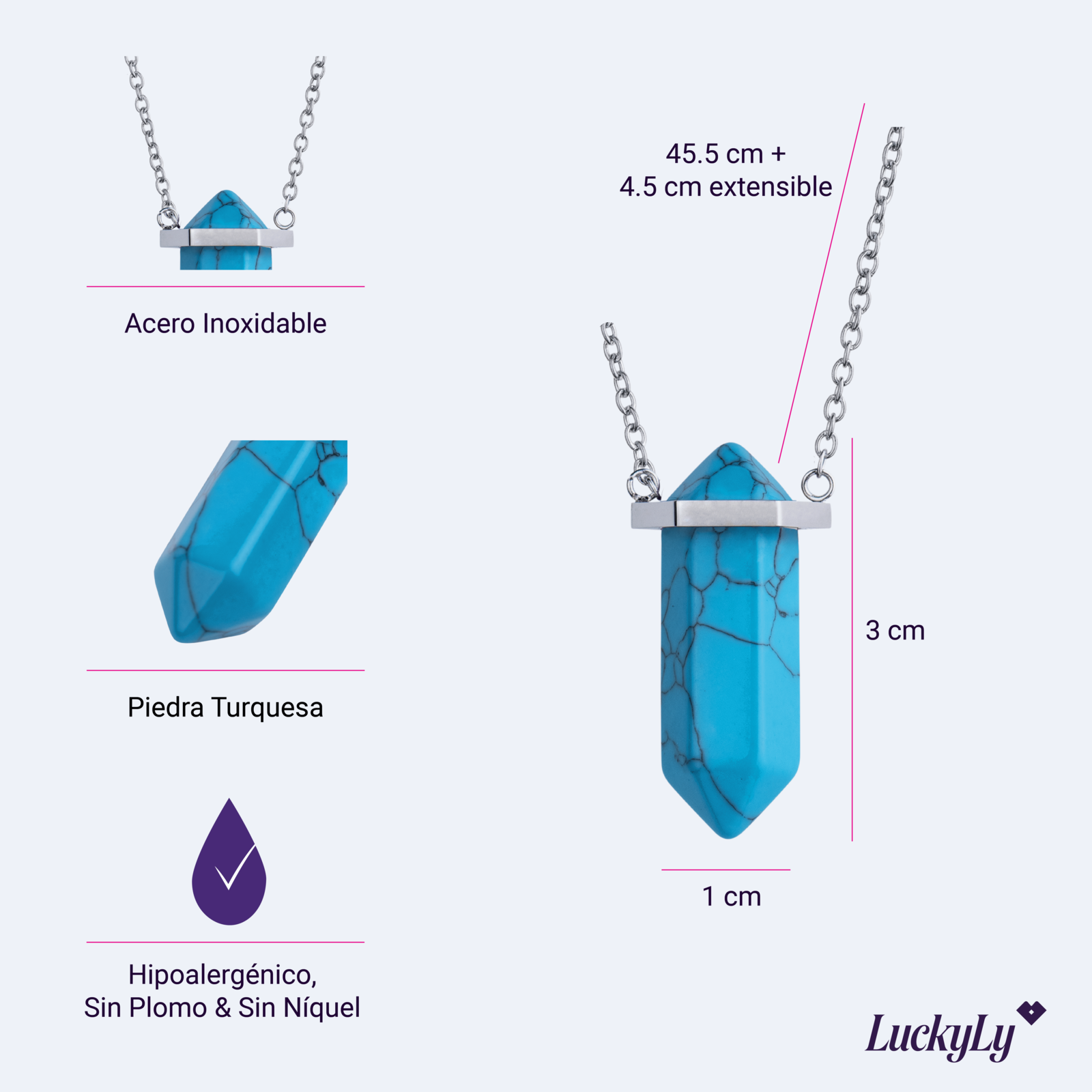 LuckyLy Collar para Mujer de Cuarzo Turquesa , Cadena de Acero Inoxidable con Dije de Piedra Natural - Modelo Orly