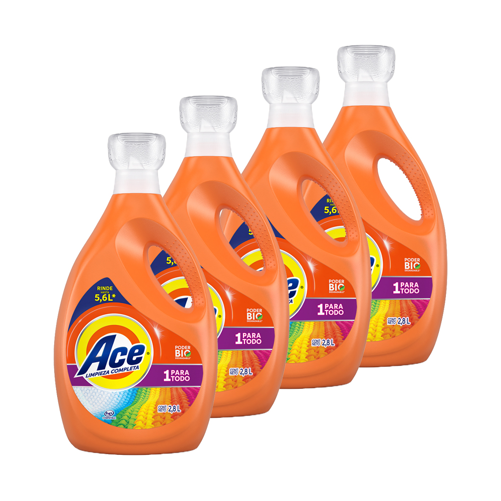 Pack de 4 pzs  Detergente Líquido Ace Limpieza Completa 1 Para Todo Para Lavar Ropa Blanca Y De Color,  2,8 l c/u