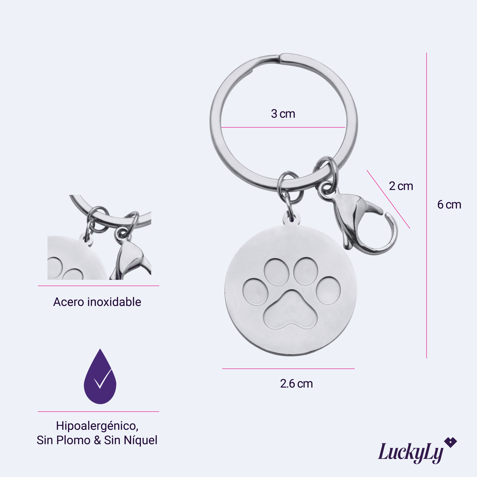 LuckyLy Llavero para Mujer de Huella de Perro , Acero Inoxidable Color Plata - Modelo Elva