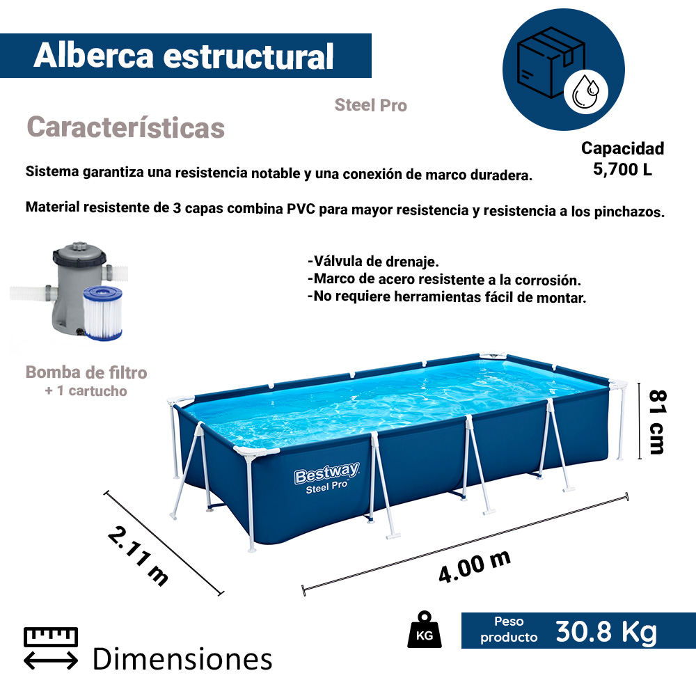 Alberca Estructural Rectangular Bestway 400 Cm Azul 5700 Lts Azul