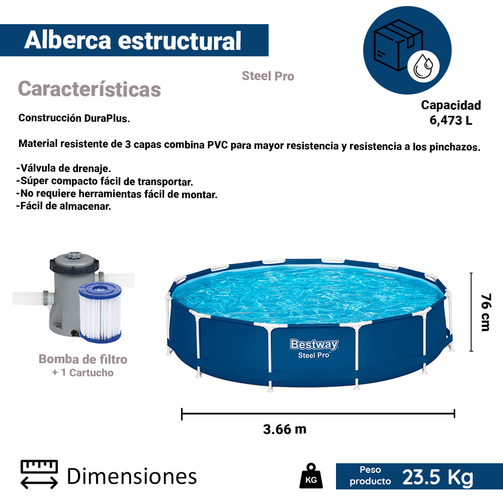 Alberca Estructural Redonda Bestway 366 Cm Con Bomba 6473 L.