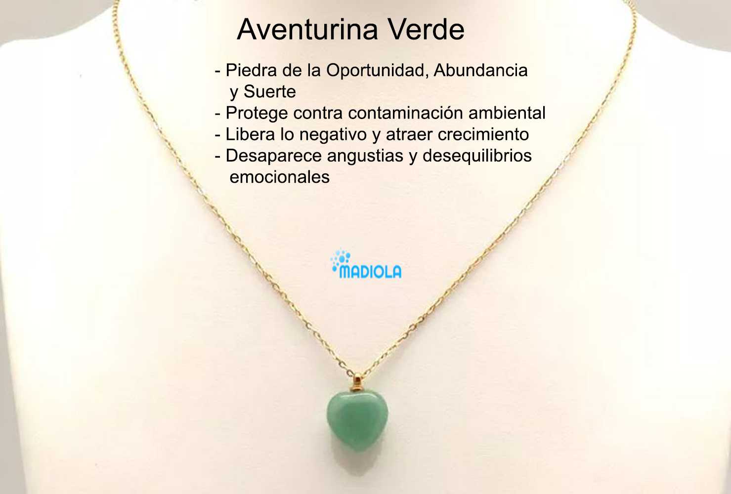 Collar de Corazón en Chapa Oro 18K, Cuarzo Rosa, Aventurina, Agata, Obsidiana. Gemoterapia, Energiza Chakras, Curación Reiki, Feng Shui - Aventurina Verde