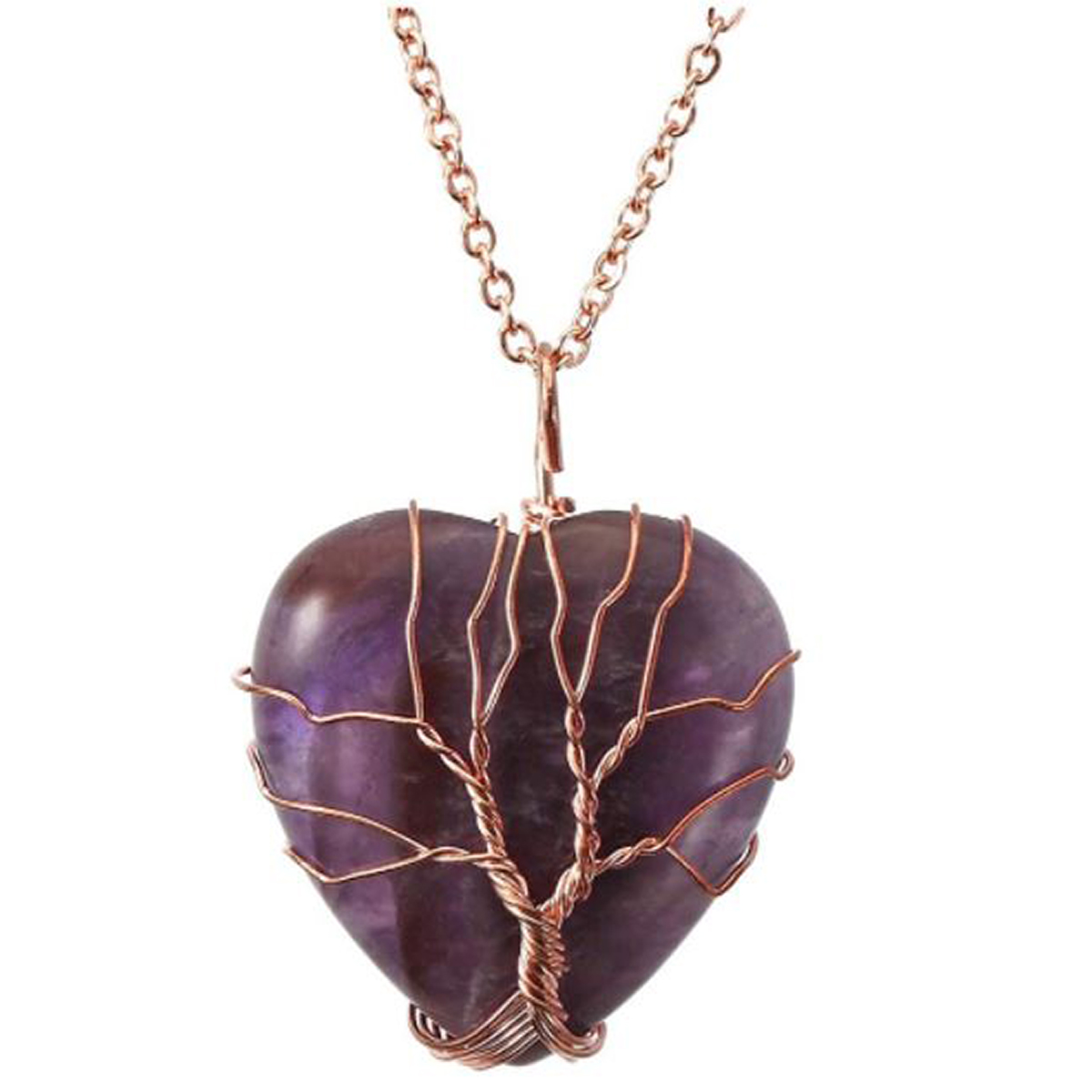 Collar con Cristales Curativos envueltos en alambre Arbol de la Vida, Collar Corazón de cuarzo para Reiki para Mujeres - Amatista Morada