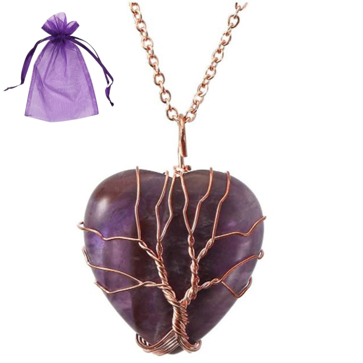 Collar con Cristales Curativos envueltos en alambre Arbol de la Vida, Collar Corazón de cuarzo para Reiki para Mujeres - Amatista Morada