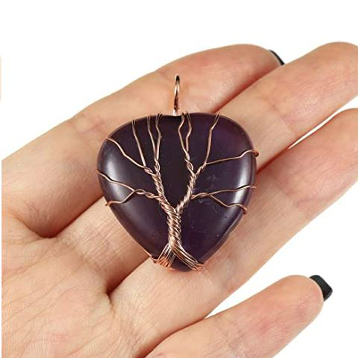 Collar con Cristales Curativos envueltos en alambre Arbol de la Vida, Collar Corazón de cuarzo para Reiki para Mujeres - Amatista Morada