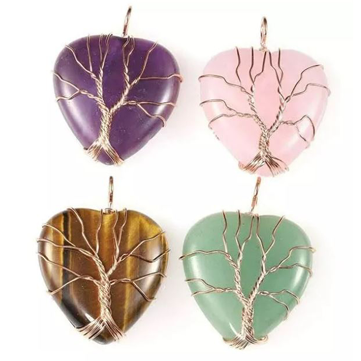 Collar con Cristales Curativos envueltos en alambre Arbol de la Vida, Collar Corazón de cuarzo para Reiki para Mujeres - Amatista Morada