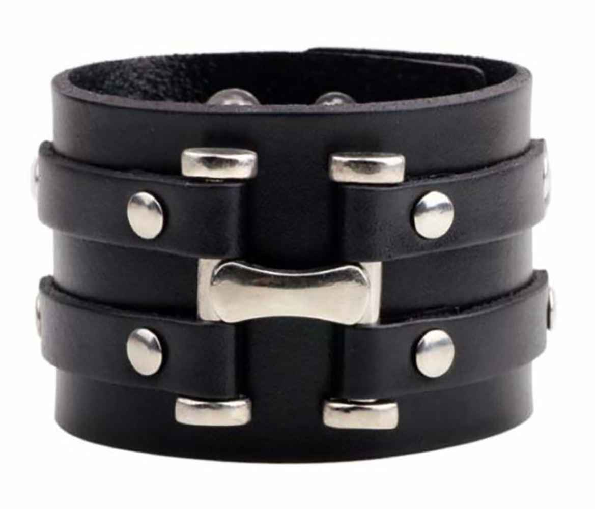 Pulsera de Cuero Ajustable con Hebilla para Hombre Mujer. Brazalete ancho de cuero Punk Rock - Negro