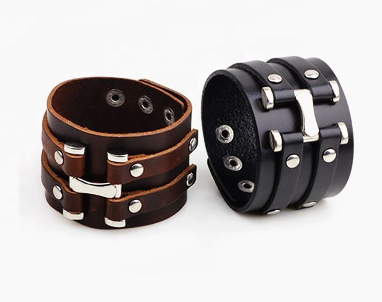 Pulsera de Cuero Ajustable con Hebilla para Hombre Mujer. Brazalete ancho de cuero Punk Rock - Negro