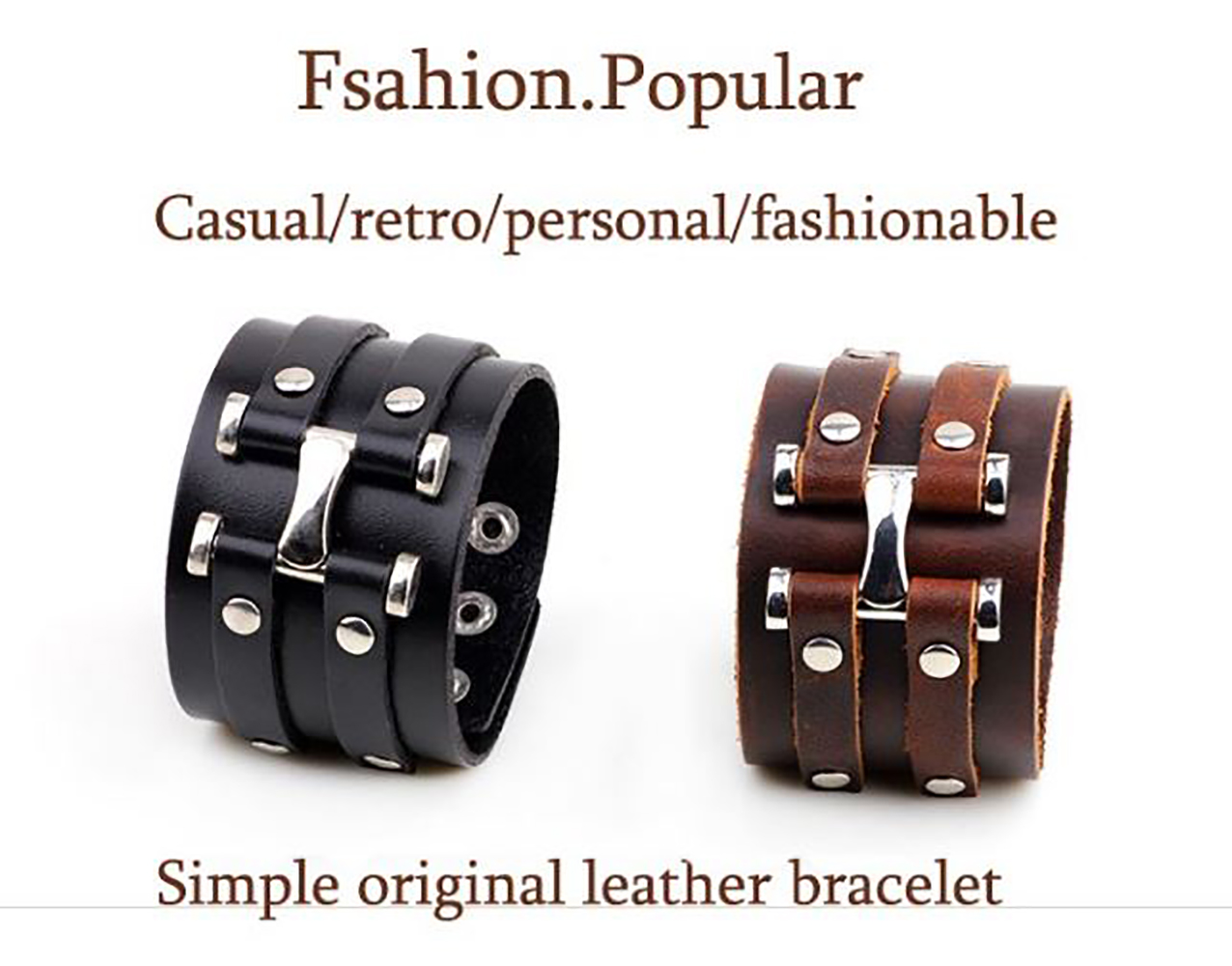 Pulsera de Cuero Ajustable con Hebilla para Hombre Mujer. Brazalete ancho de cuero Punk Rock - Negro