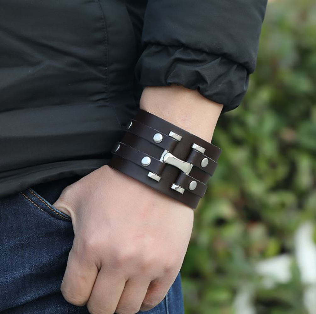 Pulsera de Cuero Ajustable con Hebilla para Hombre Mujer. Brazalete ancho de cuero Punk Rock - Negro