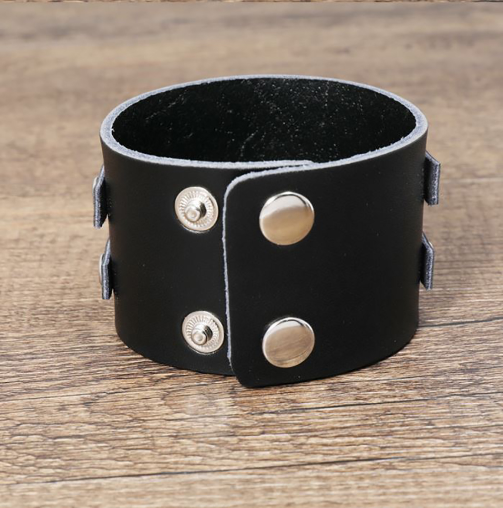 Pulsera de Cuero Ajustable con Hebilla para Hombre Mujer. Brazalete ancho de cuero Punk Rock - Negro