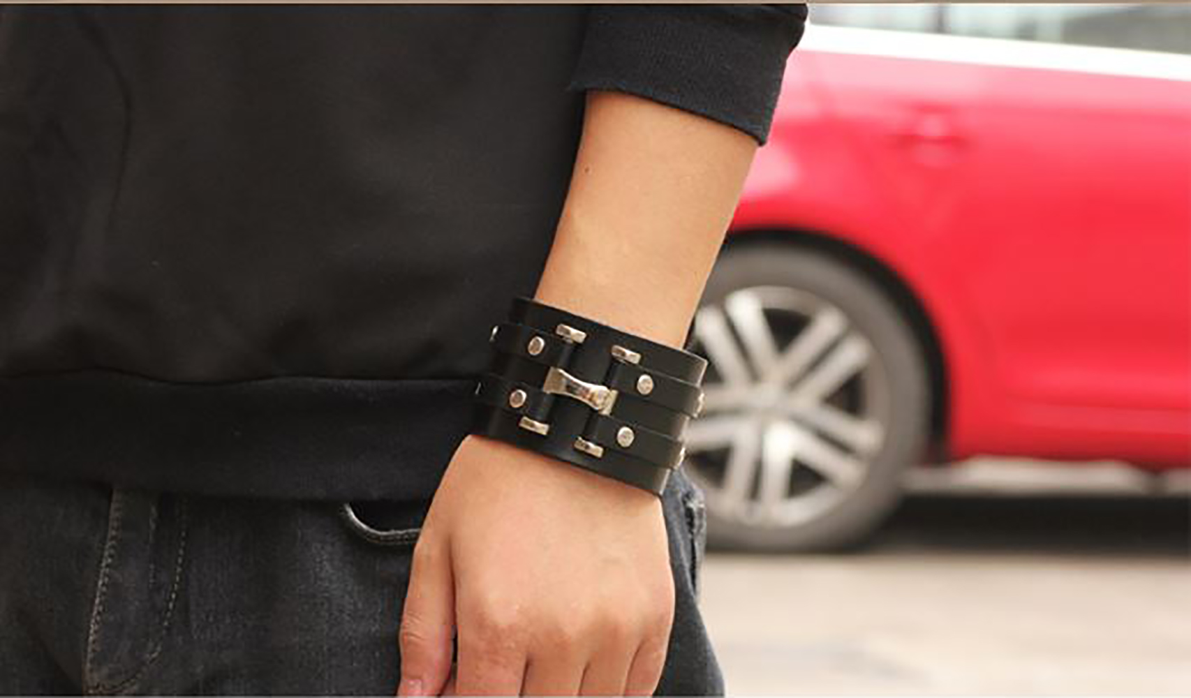 Pulsera de Cuero Ajustable con Hebilla para Hombre Mujer. Brazalete ancho de cuero Punk Rock - Negro