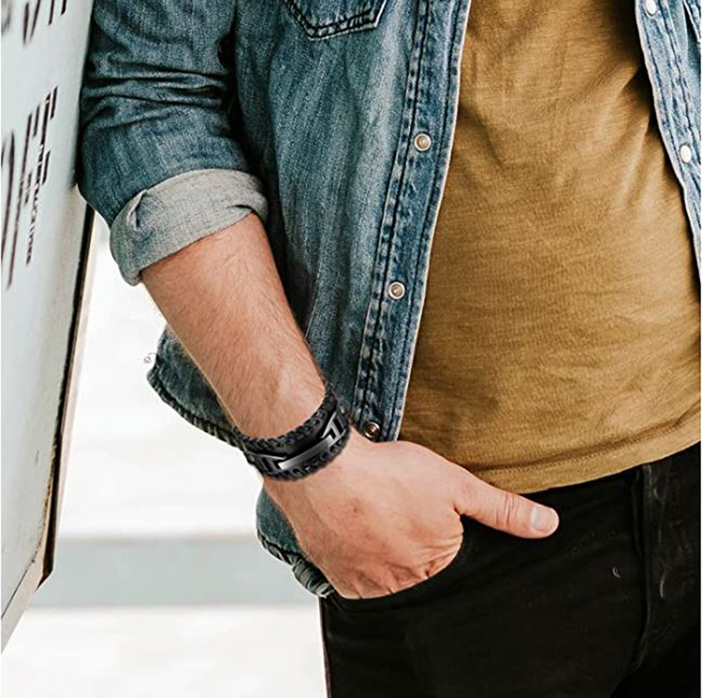 Pulsera de Cuero para Hombre Mujer. Pulseras Retro Punk Rock. Excelente Regalo de Cumpleaños, Navidad, Aniversario, San Valentín, Día del Amor y Amistad - Negro