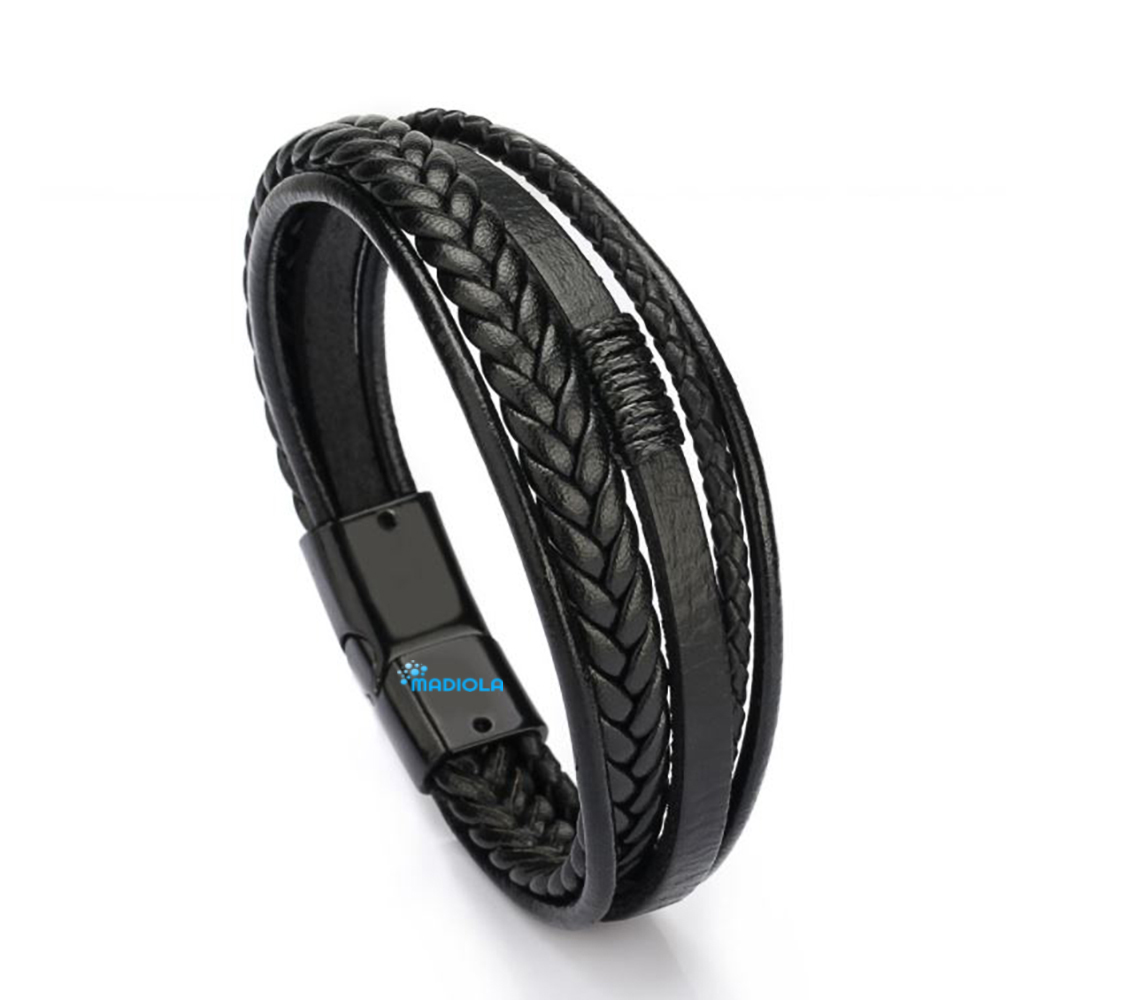 Pulsera de Cuero Trenzado para Hombre Mujer Novio Pareja Enamorado. Cierre Magnético Iman - Negro
