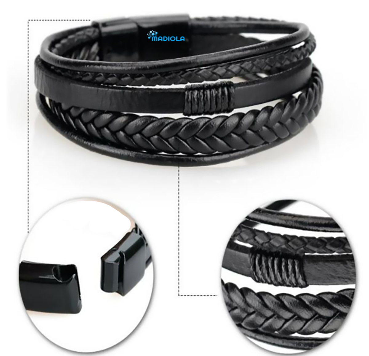 Pulsera de Cuero Trenzado para Hombre Mujer Novio Pareja Enamorado. Cierre Magnético Iman - Negro
