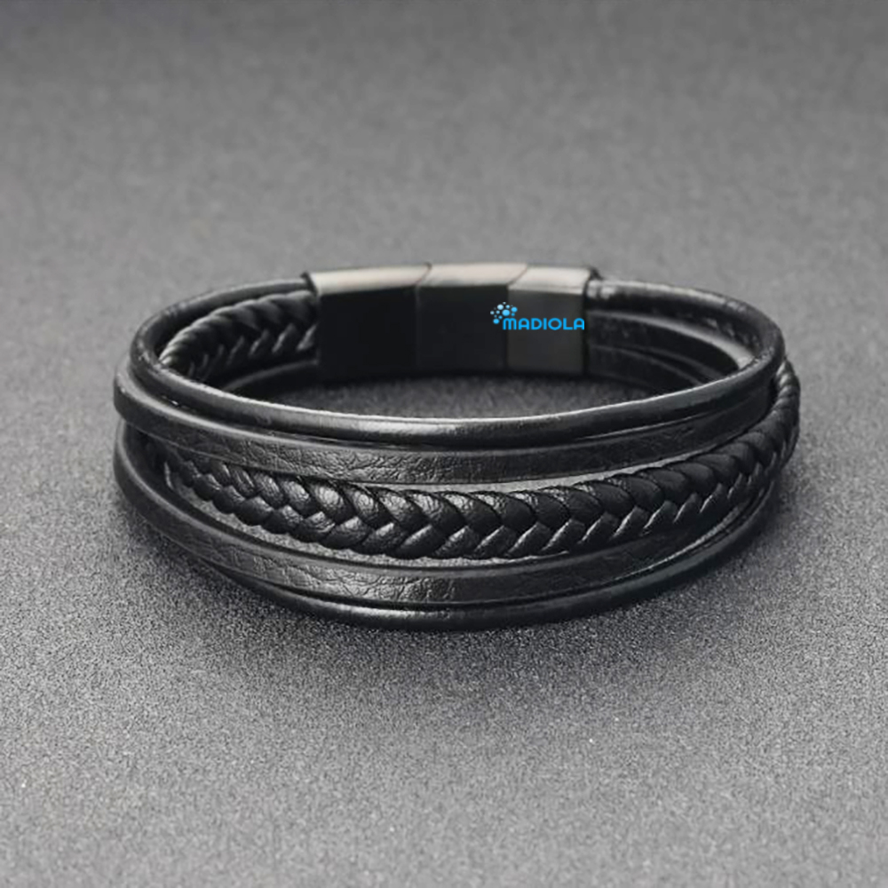 Pulsera de Cuero Trenzado para Hombre Mujer Novio Pareja Enamorado. Cierre Magnético Iman - Negro