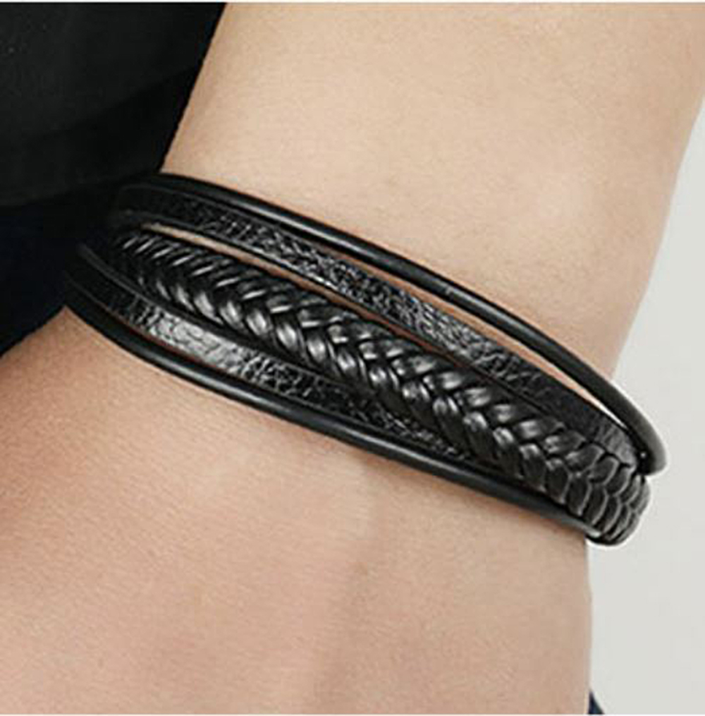 Pulsera de Cuero Trenzado para Hombre Mujer Novio Pareja Enamorado. Cierre Magnético Iman - Negro