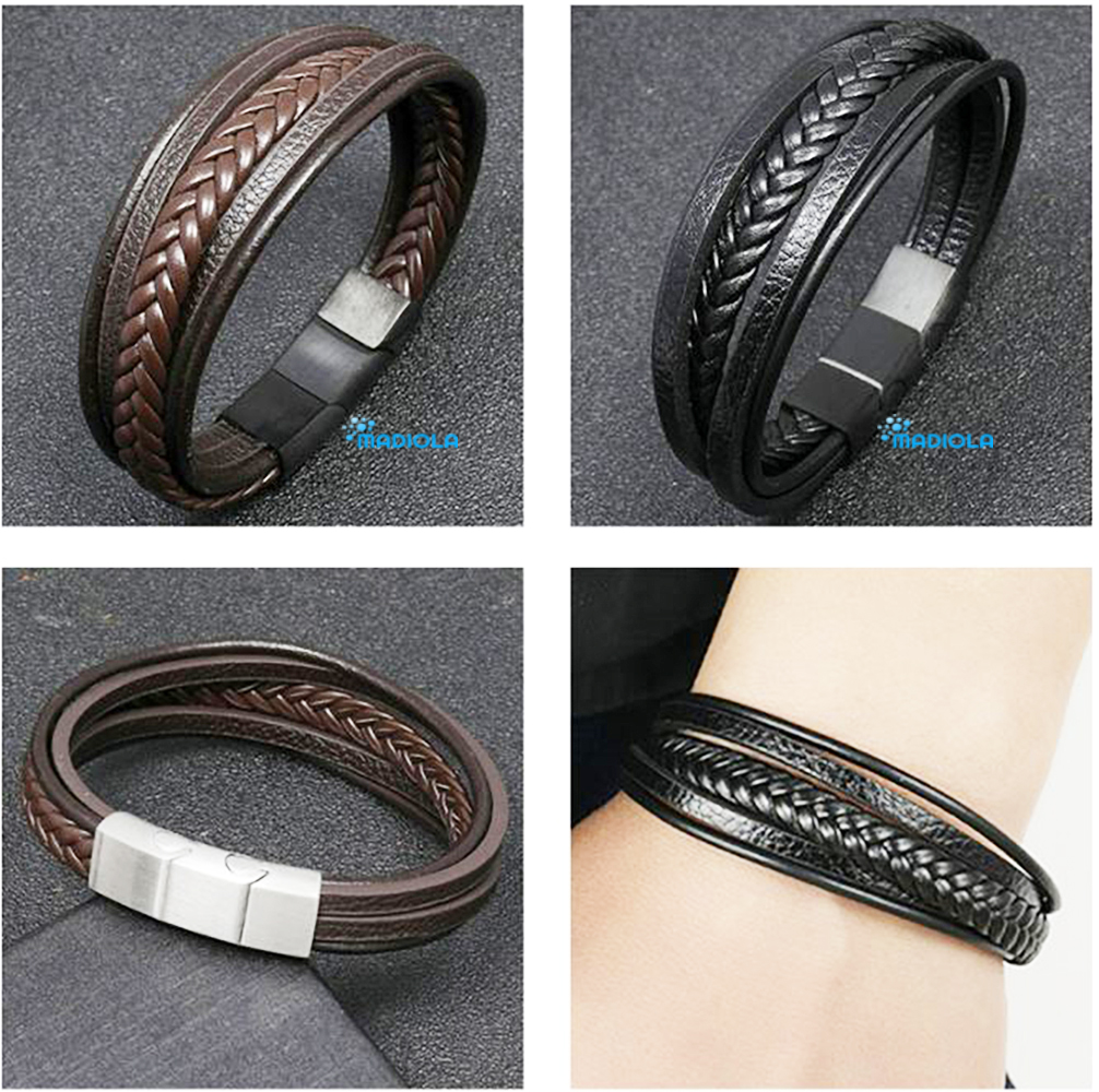 Pulsera de Cuero Trenzado para Hombre Mujer Novio Pareja Enamorado. Cierre Magnético Iman - Negro