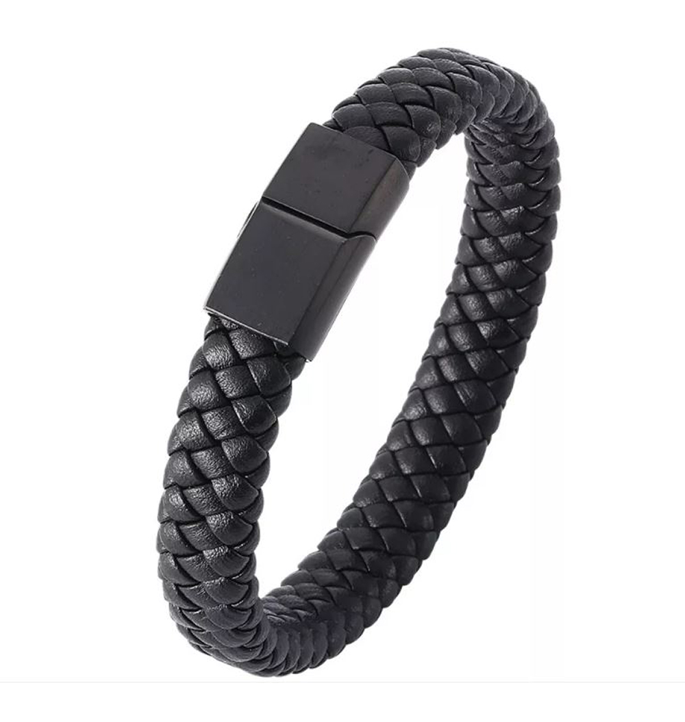 Pulsera de Cuero Elegante Trenzado para Hombre Mujer Novio Pareja Enamorado. Cierre Magnético Iman - Negro Elegante