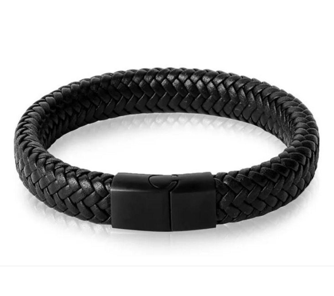 Pulsera de Cuero Elegante Trenzado para Hombre Mujer Novio Pareja Enamorado. Cierre Magnético Iman - Negro Elegante