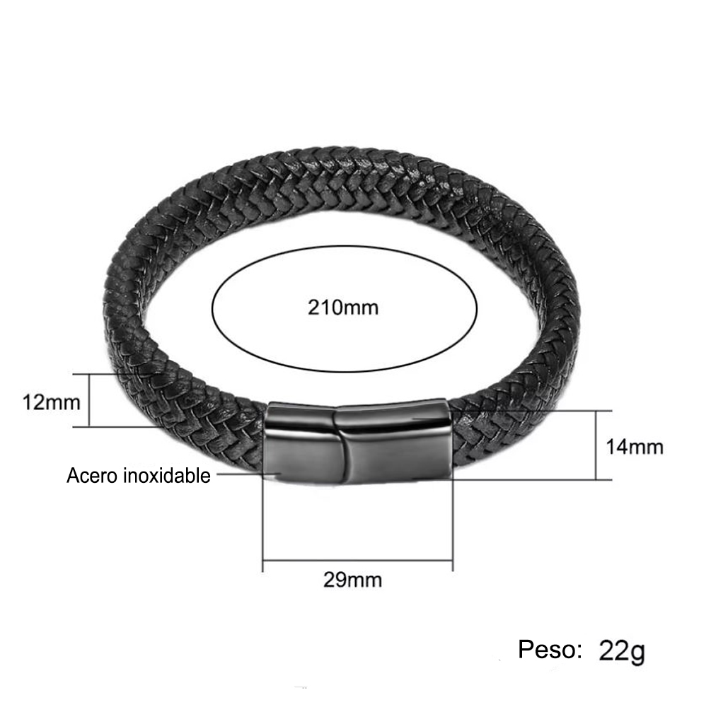 Pulsera de Cuero Elegante Trenzado para Hombre Mujer Novio Pareja Enamorado. Cierre Magnético Iman - Negro Elegante