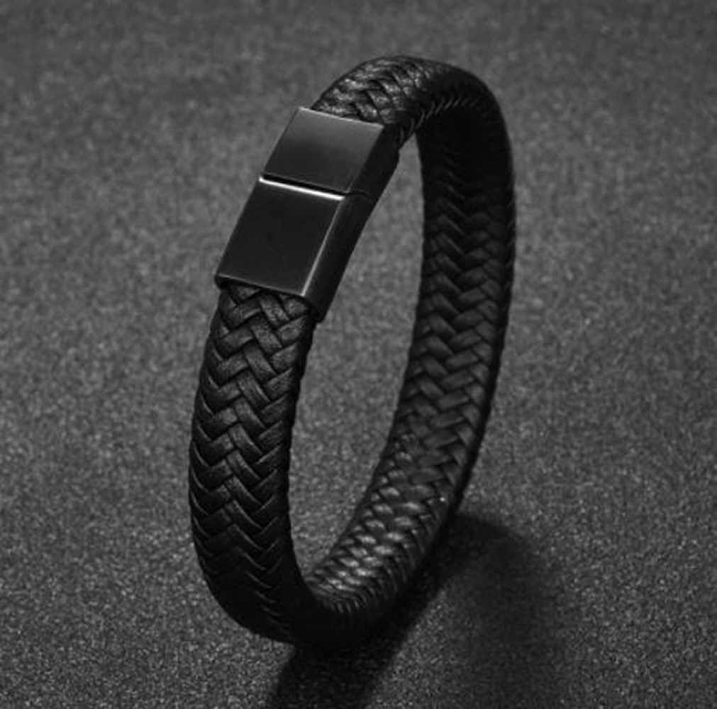 Pulsera de Cuero Elegante Trenzado para Hombre Mujer Novio Pareja Enamorado. Cierre Magnético Iman - Negro Elegante