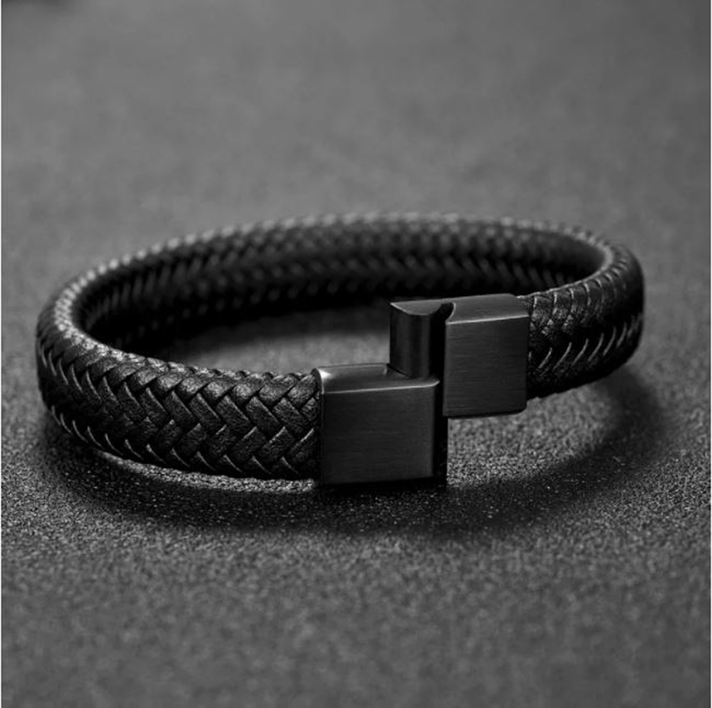 Pulsera de Cuero Elegante Trenzado para Hombre Mujer Novio Pareja Enamorado. Cierre Magnético Iman - Negro Elegante