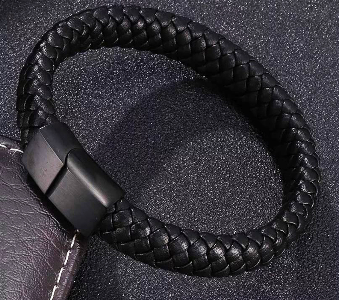 Pulsera de Cuero Elegante Trenzado para Hombre Mujer Novio Pareja Enamorado. Cierre Magnético Iman - Negro Elegante