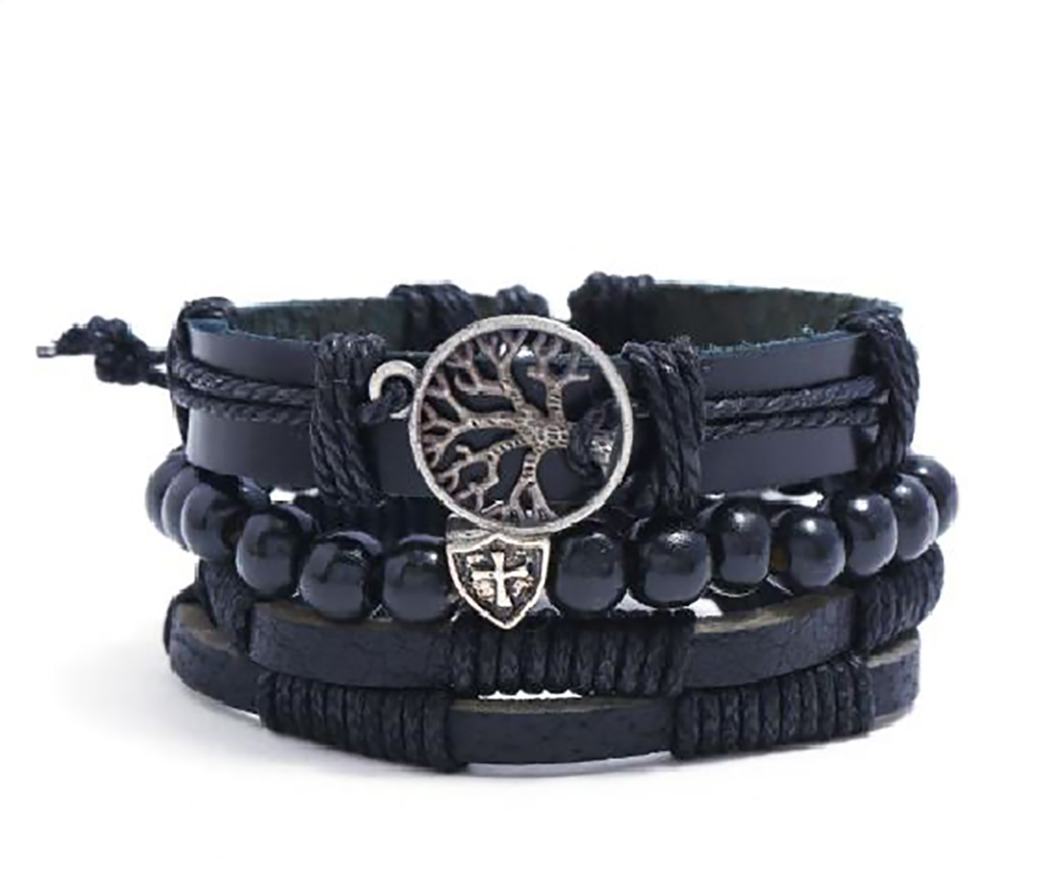 3PCS Pulsera Arbol de la Vida Brazalete para Hombre Mujer Pareja Amor Amistad Novios Enamorados. Pulsera de Piel - Negro