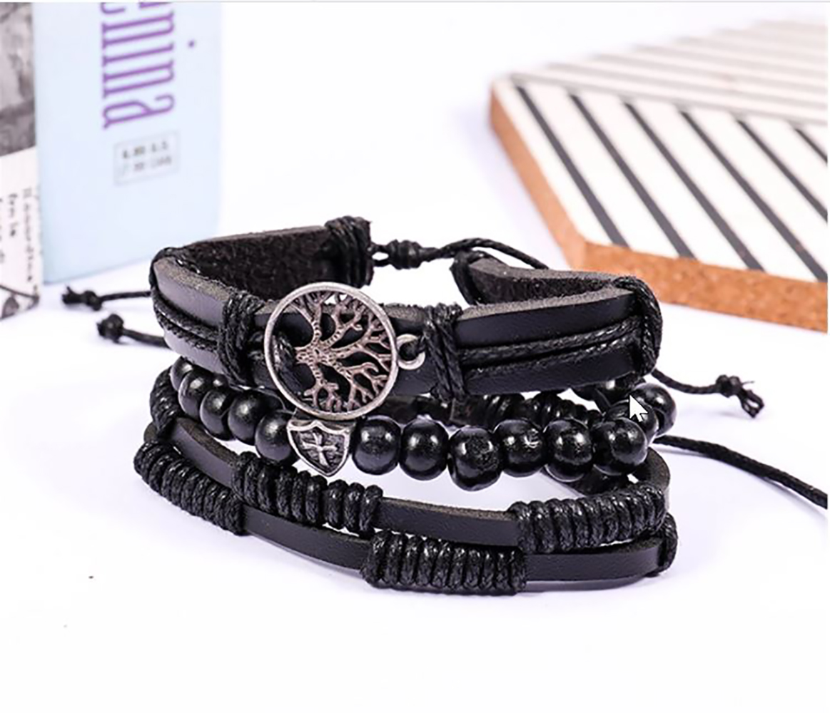 3PCS Pulsera Arbol de la Vida Brazalete para Hombre Mujer Pareja Amor Amistad Novios Enamorados. Pulsera de Piel - Negro